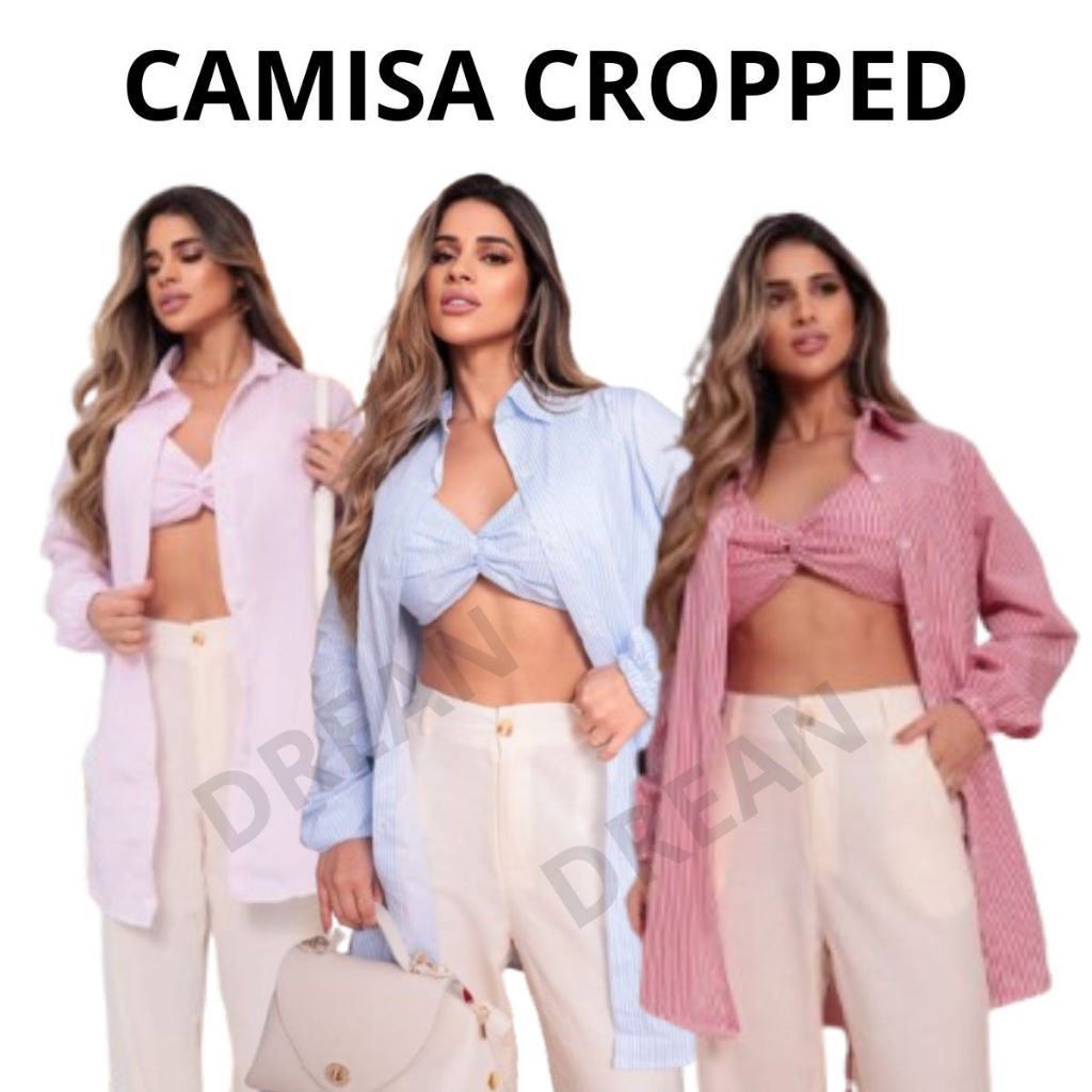 Conjunto Cropped  Camisa kimono Listrada  Cor Rosa  e Azul Moda Feminina Modinha -Tamanho Unico