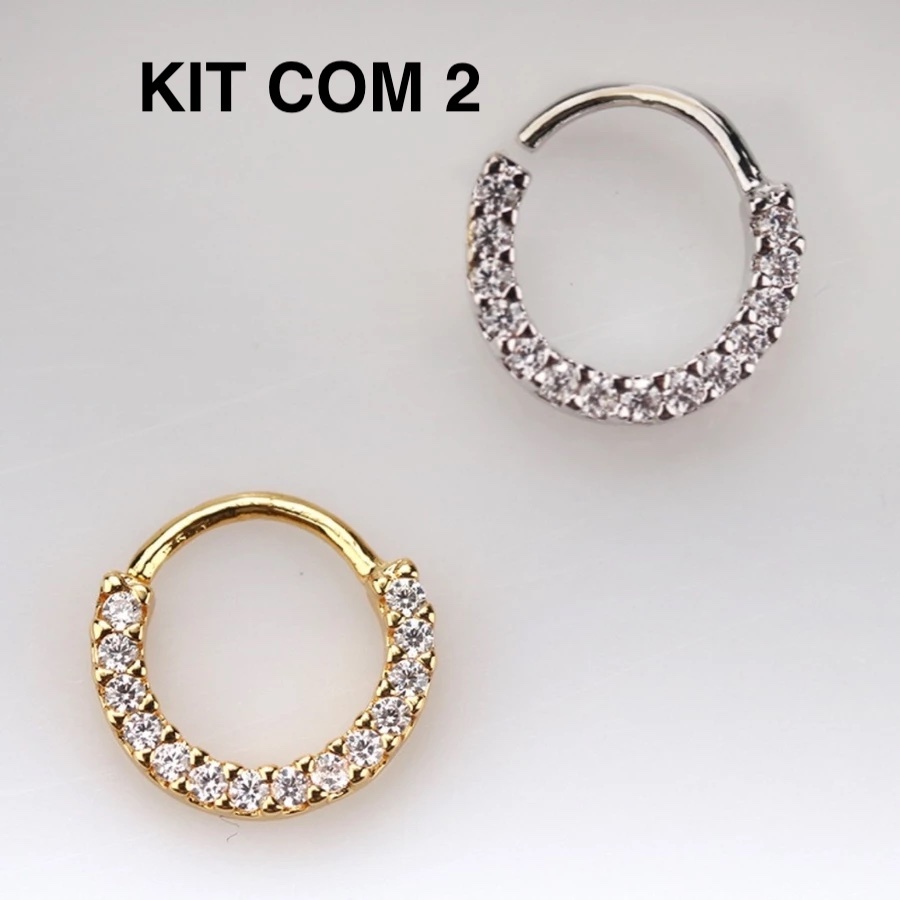 Kit 2 Piercing de Argolas Cravejadas Com Zircônia Prata e Dourado