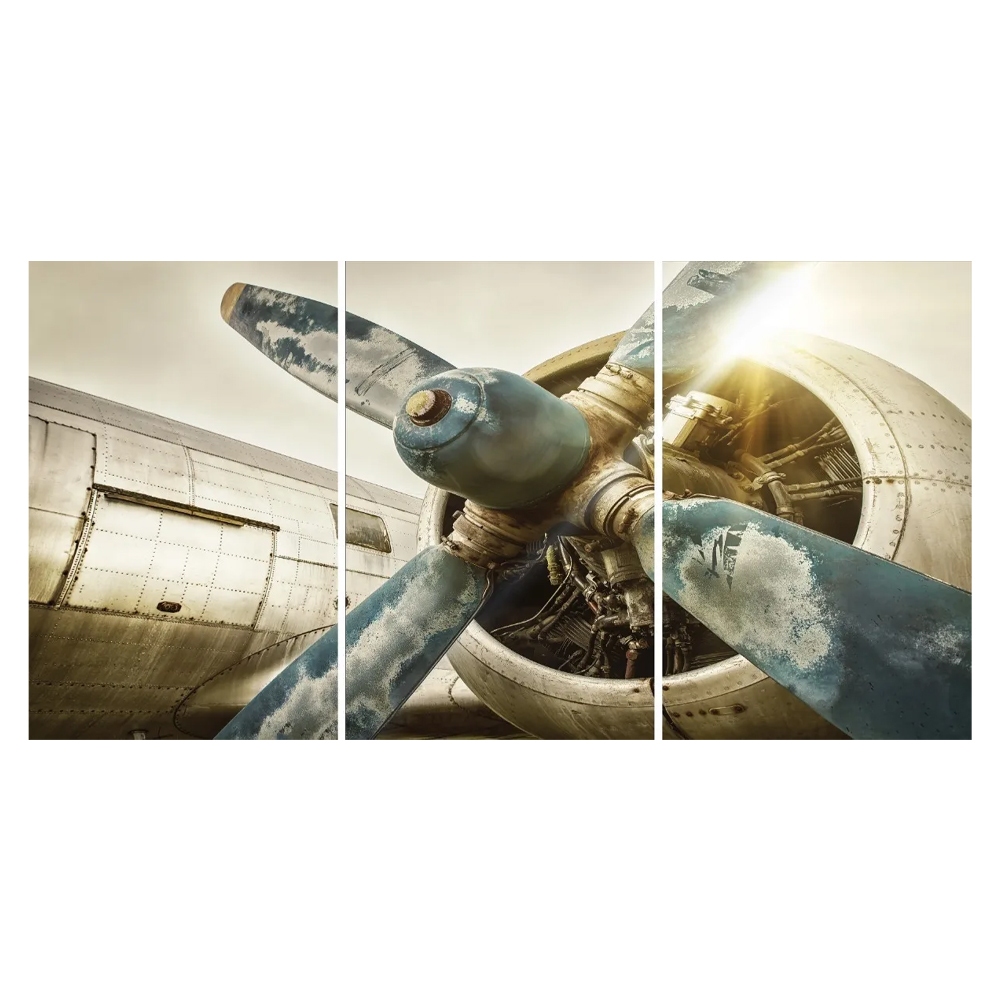 Quadro Decorativo 3 Peças Turbina de Avião Motor Aeronave Hélice