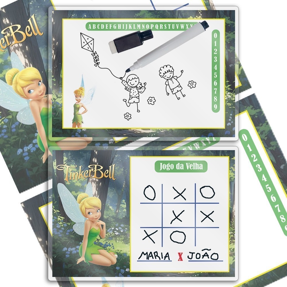 50 Lousas Mágica mais Caneta Com Apagado Lembrancinha Festas Infantil Sininho Tinker Bell Ou Outros