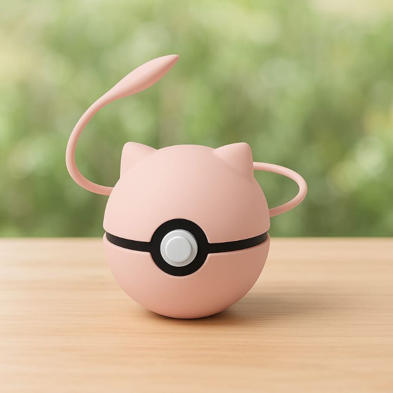 Pokébola Mew Decorativa | Mini Pokébola Rosa com Orelhas e Cauda | Impressão 3D | Colecionável Pokémon