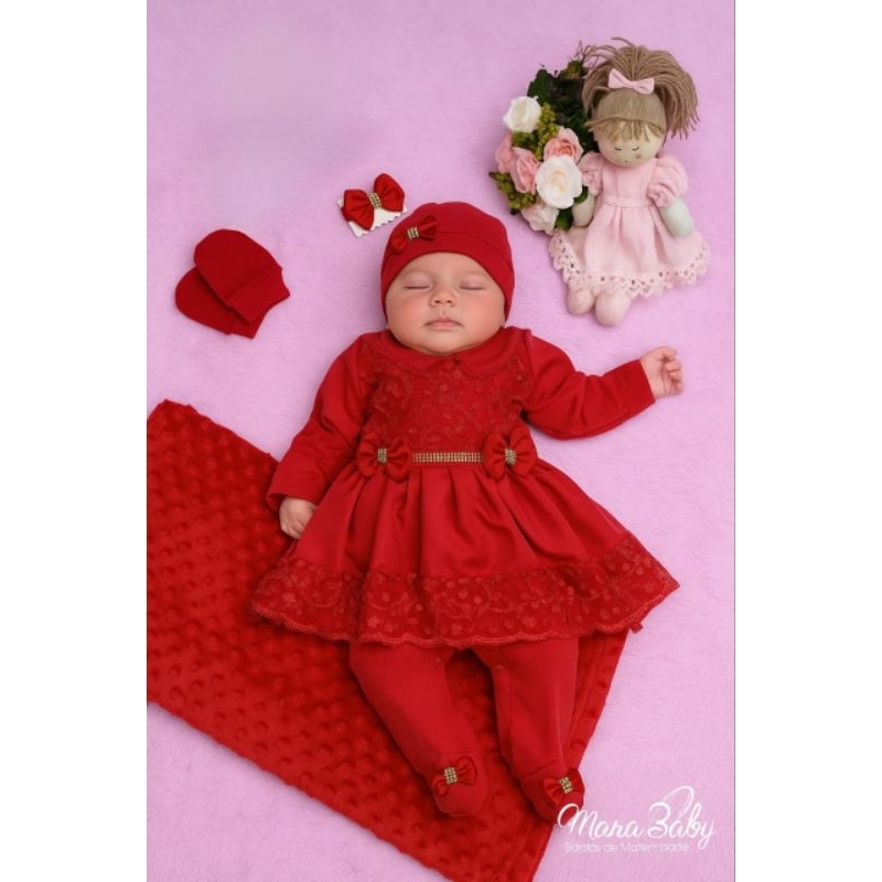 Saida de Maternidade Menina Luxo Vermelha Renda Florzinhas em Oferta na Shopee