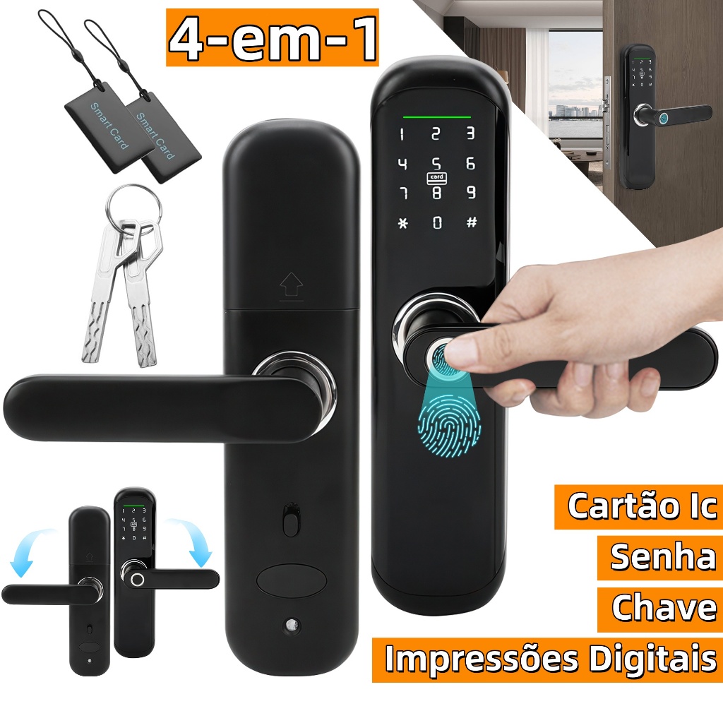 Fechadura Eletrônica Digital Casa/Hotel 4-em-1 Com Cartão Ic, Senha, Chave, Impressões Dig...
