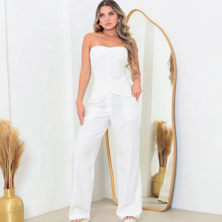 conjunto feminino casual de calça pantalona é blusa tomara que caia Tecido Colete Premium