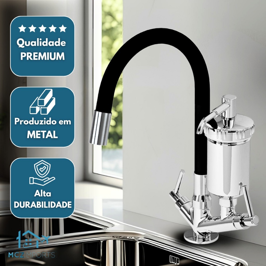 Torneira Cozinha Metal Com Filtro Gourmet Flexível Prateado Bancada Pia Cromado