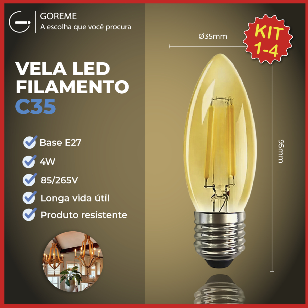 Lâmpada Filamento Vela Led E27 Luz Quente C35 4W Amba Retro Vintage 2200K 110V-220V Bivolt em Oferta na Shopee