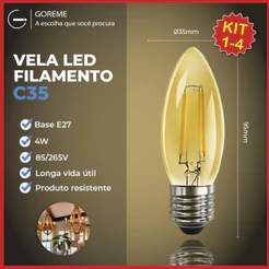 Lâmpada Filamento Vela Led E27 Luz Quente C35 4W Amba Retro Vintage 2200K 110V-220V Bivolt