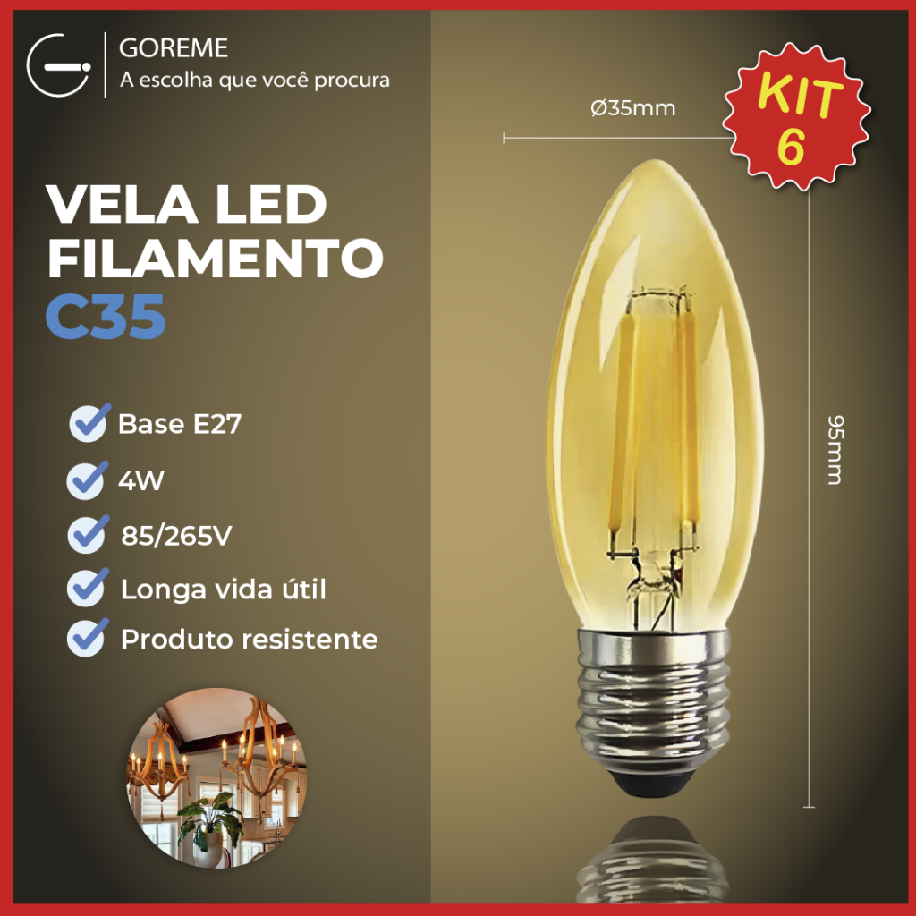 Kit 6 Lâmpada Filamento Vela Led E27 Luz Quente C35 4W Amba Retro Vintage 2200K 