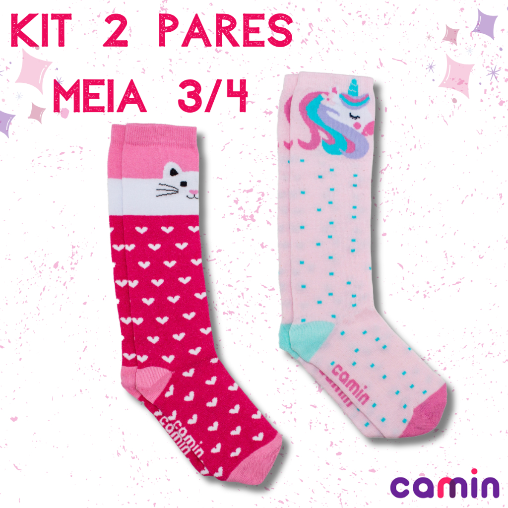KIT 2 Pares Meia Infantil Menina Cano Longo 3/4 Delicada Estampada Camin Original Promoção - Baby & Kids Fashion