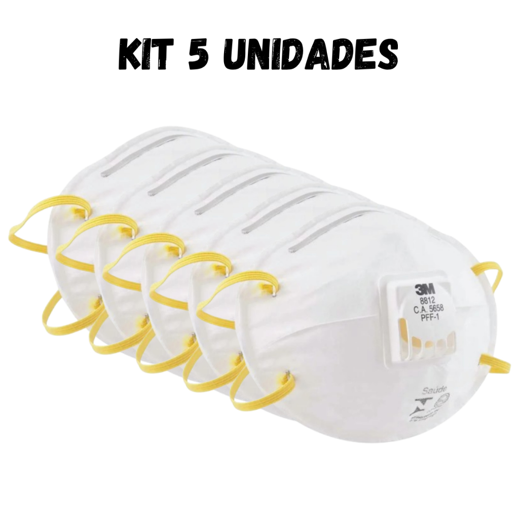 Kit 5 Respirador Branco 3M 8812 Máscara Descartável Valvulado PFF1 Proteção Respiratória Poeiras Névoas Clipe Nasal
