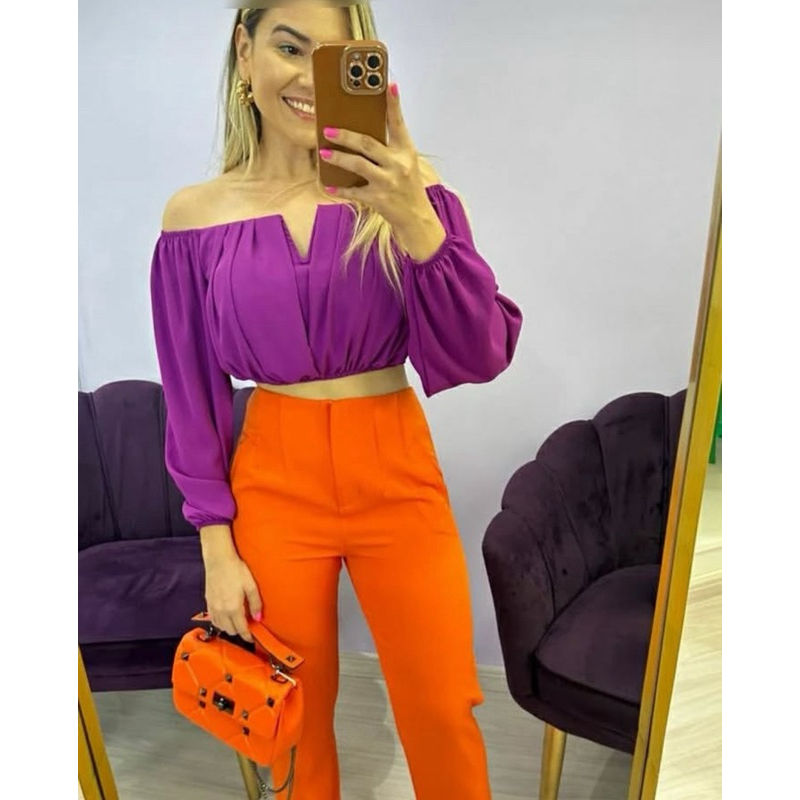 Cropedd Ciganinha feminino ombro a ombro manga longa liso
