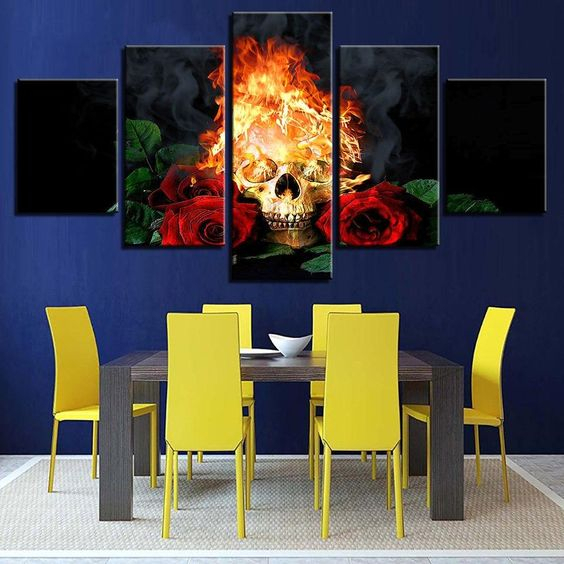 Kit Quadro Decorativos 95x55 Mosaico 5 Peça Mdf Full Hd CAVEIRA ROSA VERMELHA