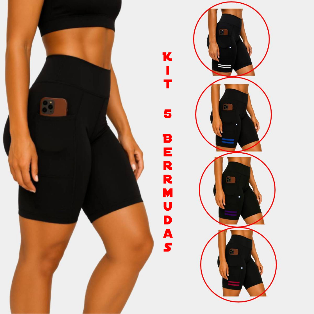 Kit 5 Short C/ Bolso Para Corrida, Caminhada Academia Feminino Compresão