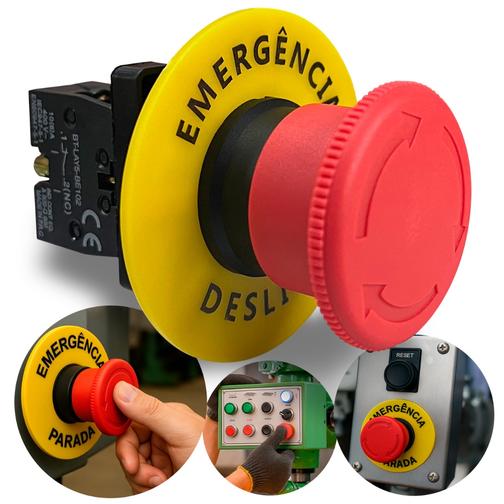 Kit Botão Emergência Cogumelo Com Trava 1nf Gira destrava 22mm + Placa De Emergência Amarela em Oferta na Shopee