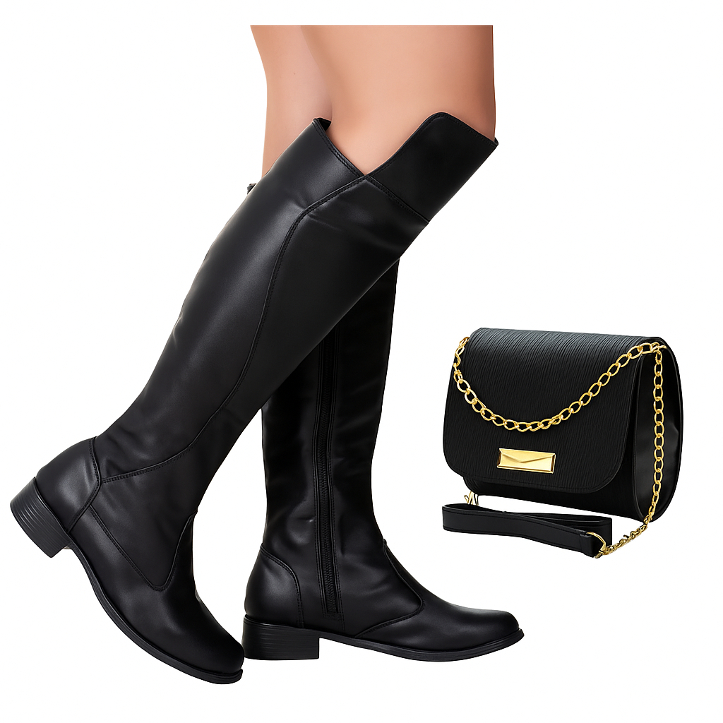 Bota Feminina Cano Alto Over The Knee Salto Alto Bico Redondo + Bolsa Feminina