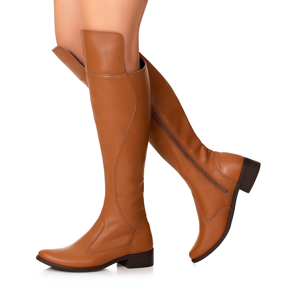 Bota Feminina Over The Knee Cano Alto Couro Ecológico PU Macio Salto Baixo Confortável