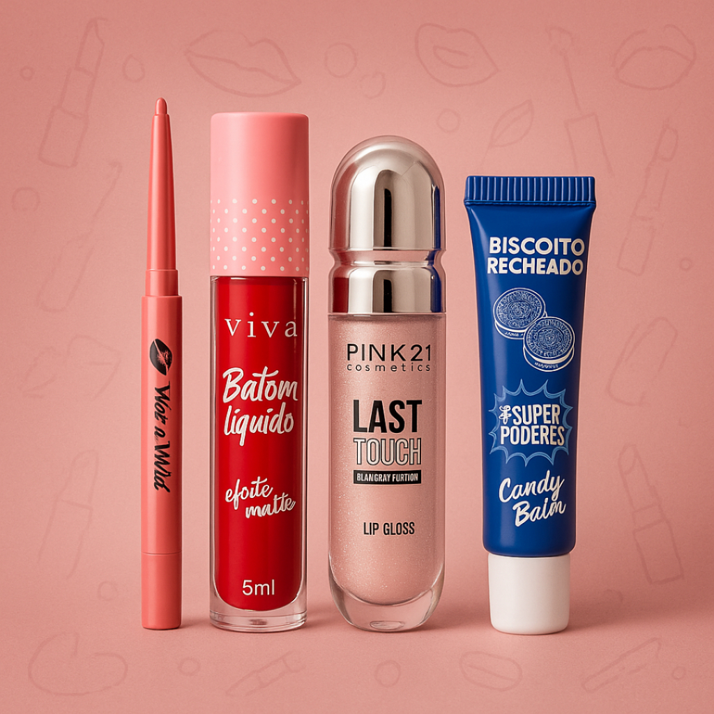 Kit Lábios Perfeitos: Balm Super Poderes + Gloss Pink21 + Lápis Draw Mouth + Batom Vivai
