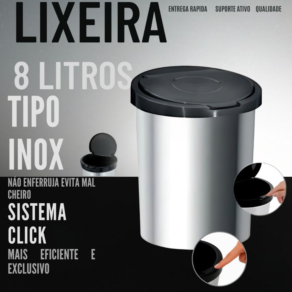 Lixeira Cesto de Lixo 8 Litros Inox com Tampa Automática Click Label para Banheiro, Cozinha, Escritório, Quarto e Outros