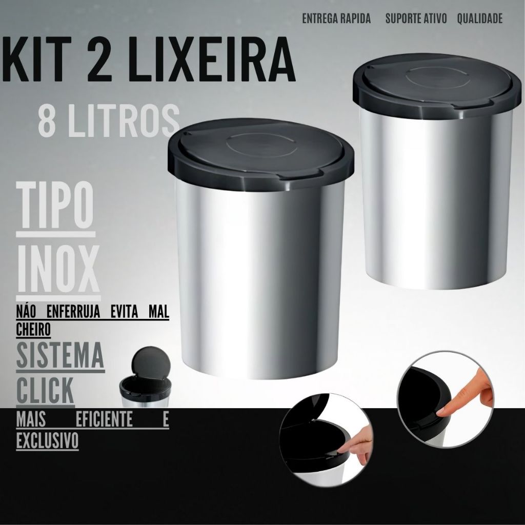 Kit 2 Lixeira Cesto de Lixo 8 Litros Inox com Tampa Automática Click Label para Banheiro, Cozinha, Escritório, Quarto