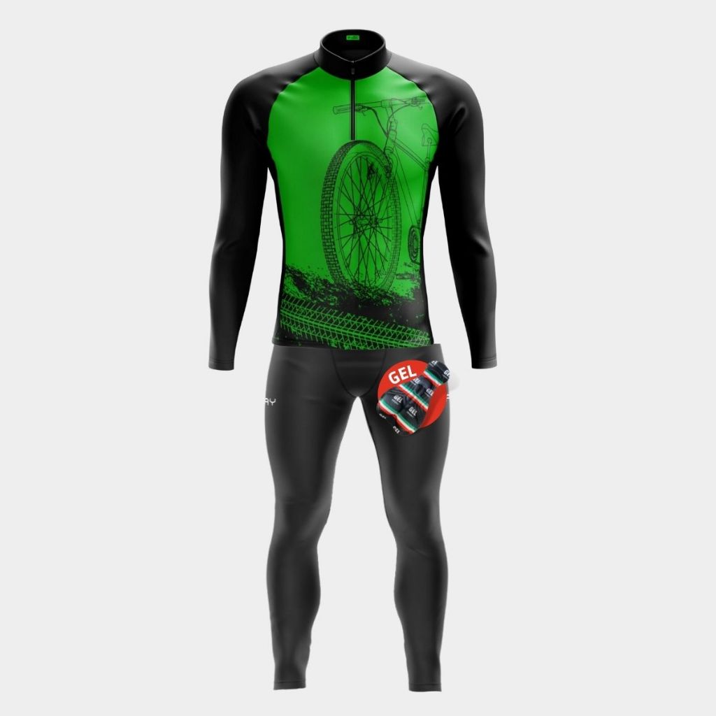 Conjunto Ciclismo Masculino Kit Roupa Camisa Manga Longa Pro Uv Calça Gel Acolchoada Bike Pedal