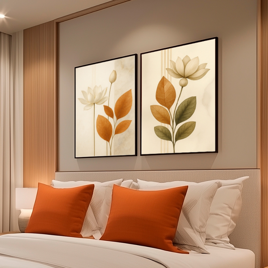 Kit 2 Quadros Decorativos Com Moldura Folhagem Lótus Moderno Grande Exclusivo