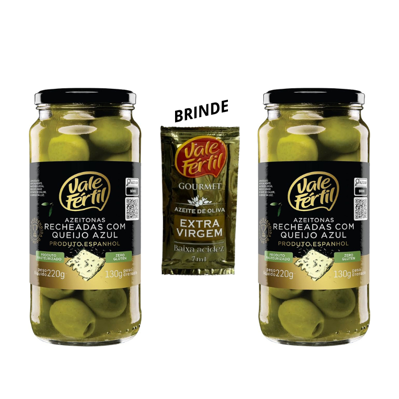 Kit 02 Azeitona Verde Em Conserva Recheada com Queijo Vidro 130g Vale Fértil