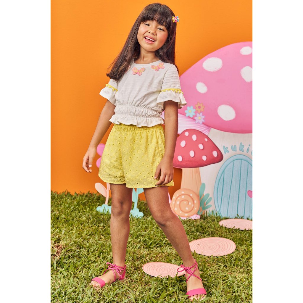 kukiê Conjuto de blusa boxy em malha texturizada e shorts em laise