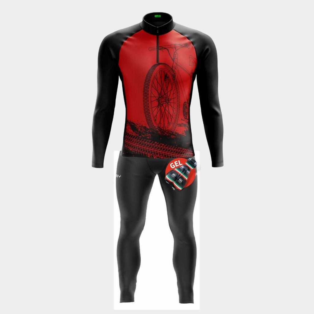 Conjunto Ciclismo Masculino Roupa Inverno Camisa Manga Longa Calça Gel Bicicleta Speed MTB