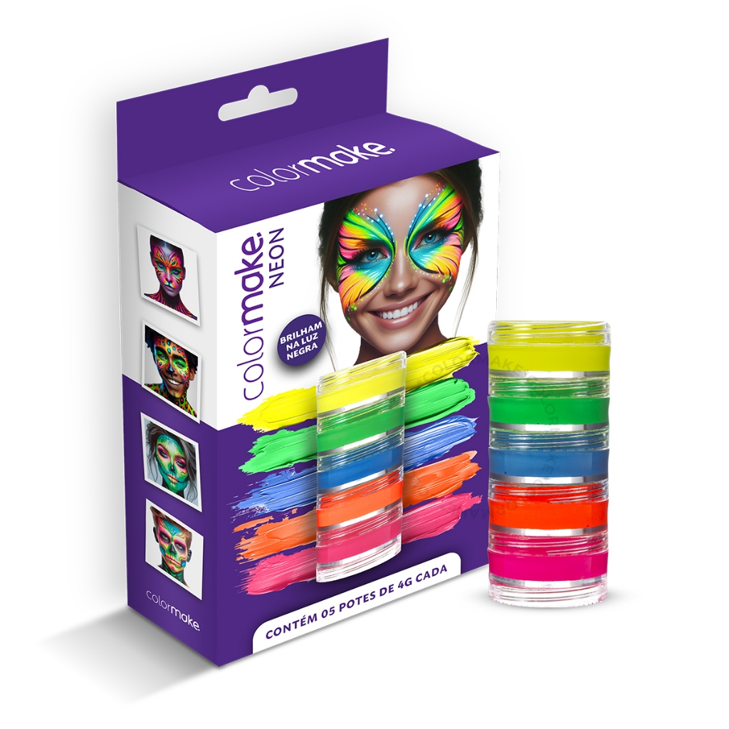 Cartela Tinta Neon UV 5 Cores Colormake Maquiagem Fluorescente Brilha Luz Negra