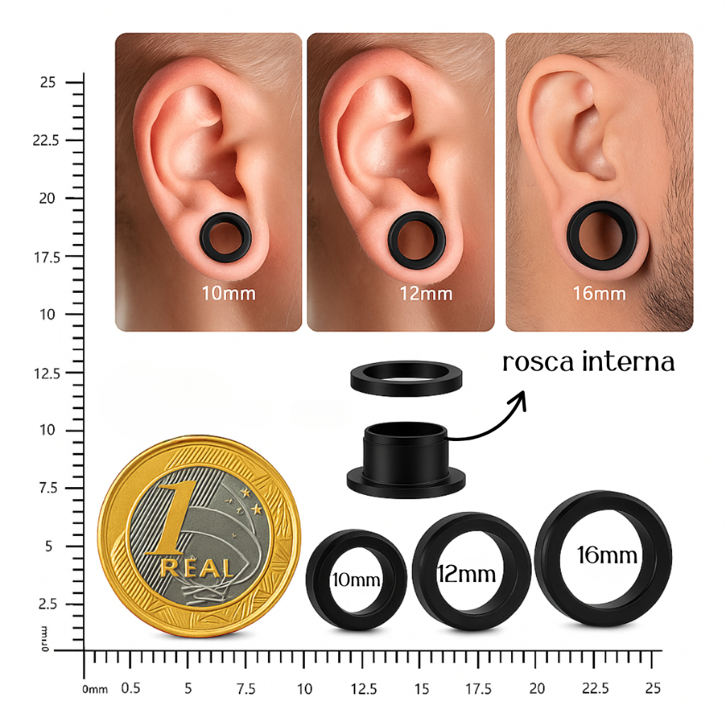 Piercing Black Alargador Diversos Tamanhos 2 ao 16mm Preto Perfuração Unissex