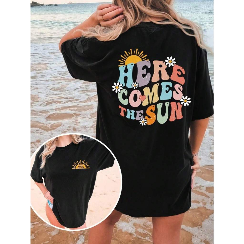 Camiseta Oversized Feminina Estampada Verão Praia 100% Algodão Blogueira Larga Blusão