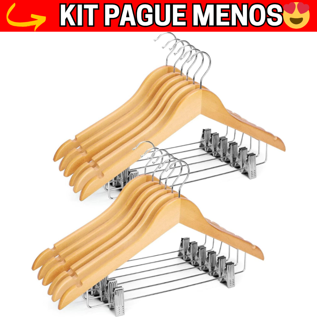 KIT Cabide de Madeira com Presilha Envernizado Cromado Organizador de Guarda Roupa Resistente