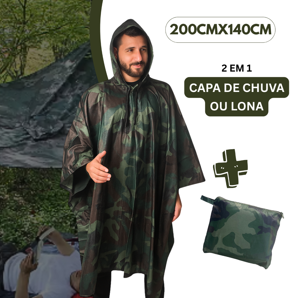 Capa de Chuva Militar Poncho Emborrachado Impermeável PVC Corta Vento Camping Trilha Acampamento
