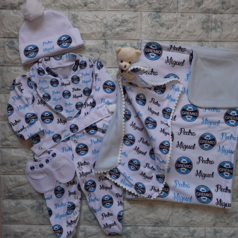 Kit Saida maternidade personalizado grêmio - conjunto 7 peças com nome do bebê