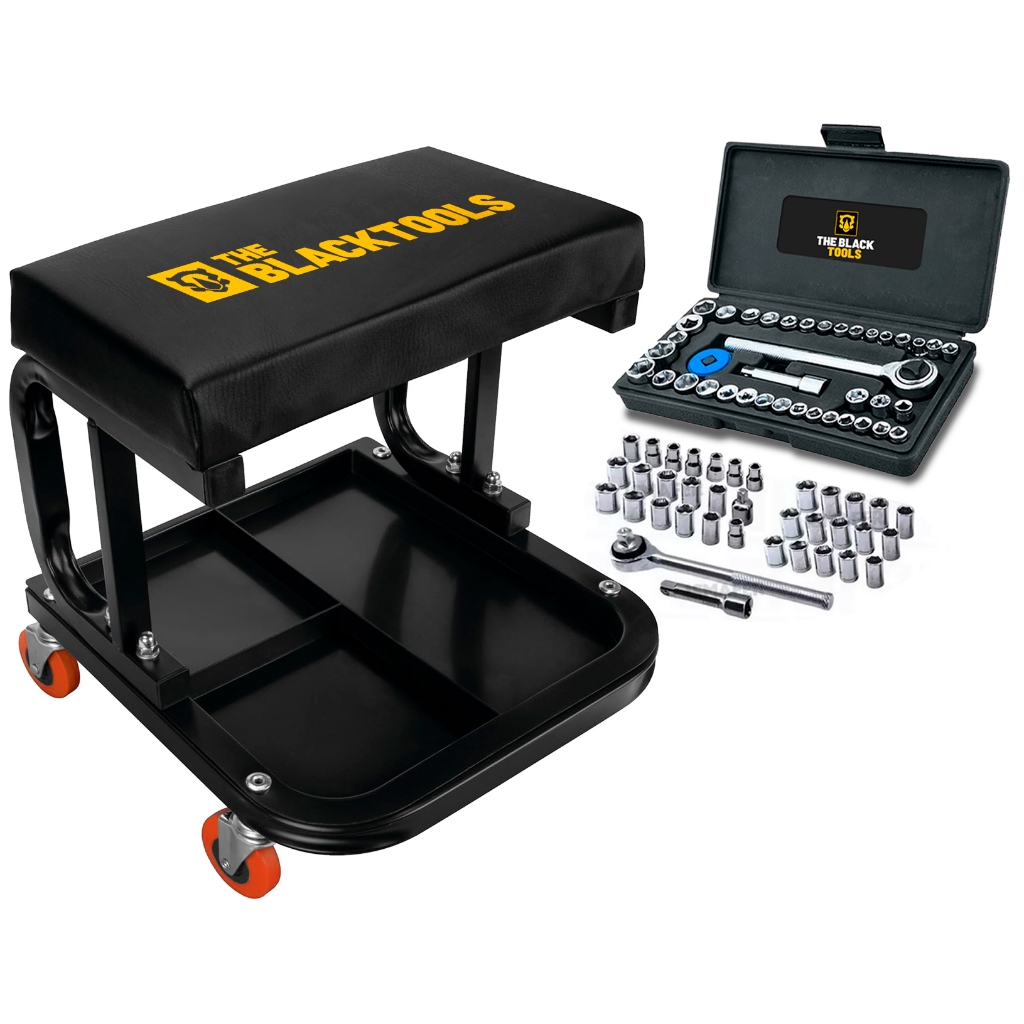 Banqueta Banquinho Mecânico Até 140kg Oficina Com Jogo Soquetes 40 Peças The Black Tools em Oferta na Shopee