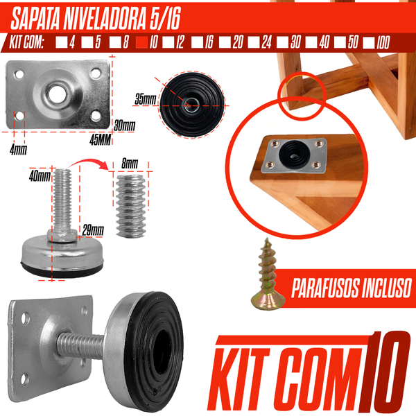 Pé Nivelador P/ Móveis Bancada Sofá Sapata Niveladora C) Chapa Metal Regulável Base 35mm Kit 10 Uni
