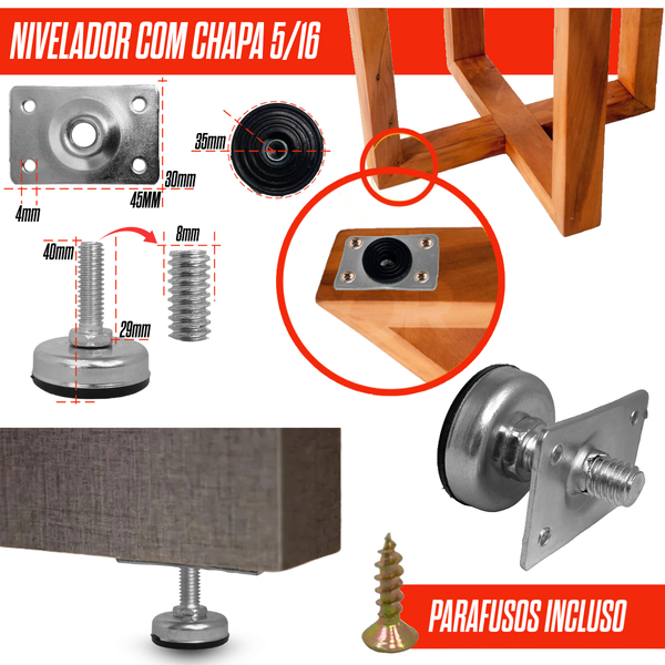 Kit 4/8/10/20 Sapata Niveladora c/ Chapa Ajustável Rosca Metal Pé Para Móveis Bancada Estante
