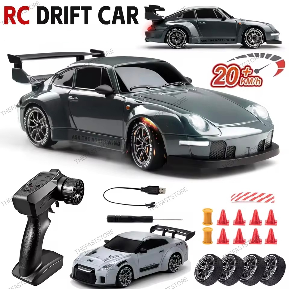 Porsche 993 Nissan GTR RC Drift 4WD 1:24 carrinho de controle remoto corrida recarregável neon luz led farol Nissan