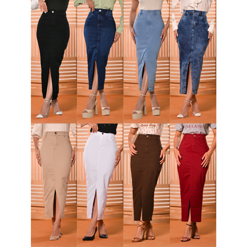 Saia Longa Jeans e Brim Moda Evangélica Elegante Anagrom Várias Opções de Cores em Oferta na Shopee