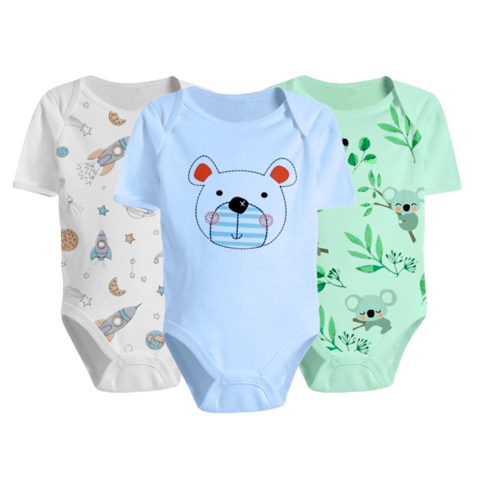 Kit Bebê 3 Peças Body Curto Liso ou Estampado 100% Algodão