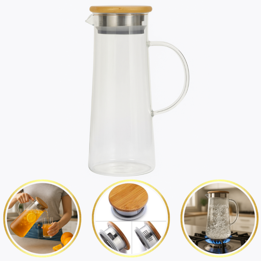 Jarra De Vidro Borossilicato Tampa Em Bambu 1,7 Litros Ergonomica Resistente Com Bico Inte...