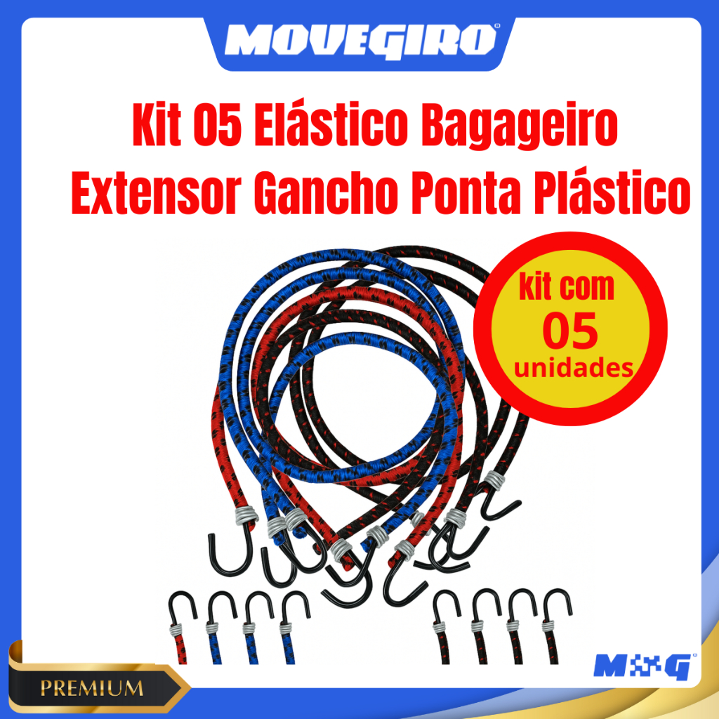 Kit 5 Corda Elástica Com Gancho Metal Extensor 1,5metros Multiuso Bagageiro Moto/Bike – Move Giro