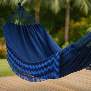 Rede De Dormir Descanso Jeans Mesclado Life Vermelho Com Franja Gigante 3,9M