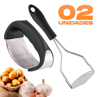 Kit com 02 Peças Espremedor de Alho e Amassador de Batata Aço Inox Cabo de PVC em Oferta na Shopee