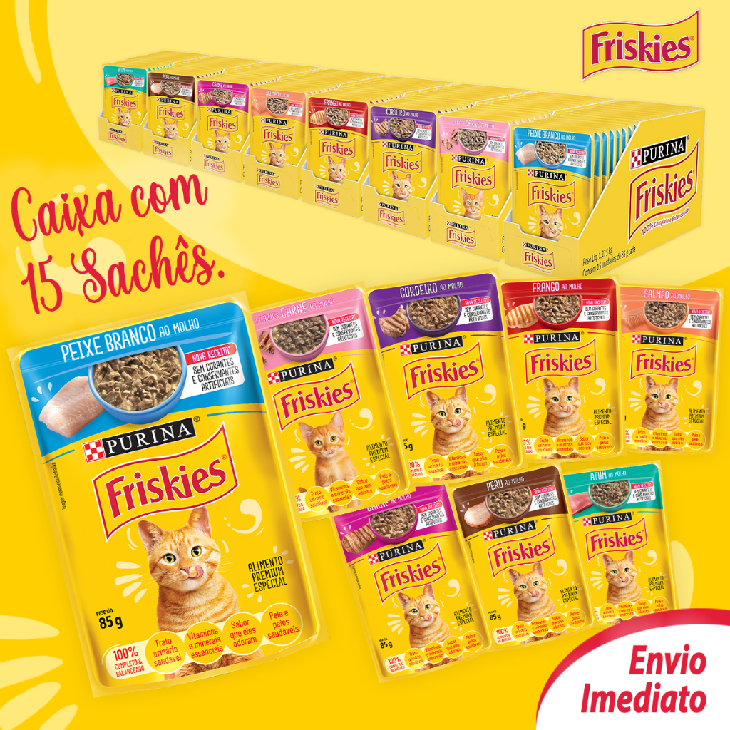 Sachê Friskies Kit 15 unid Ração Umida Gatos Carne Frango Atum Peixe Branco Cordeiro Salmão Peru