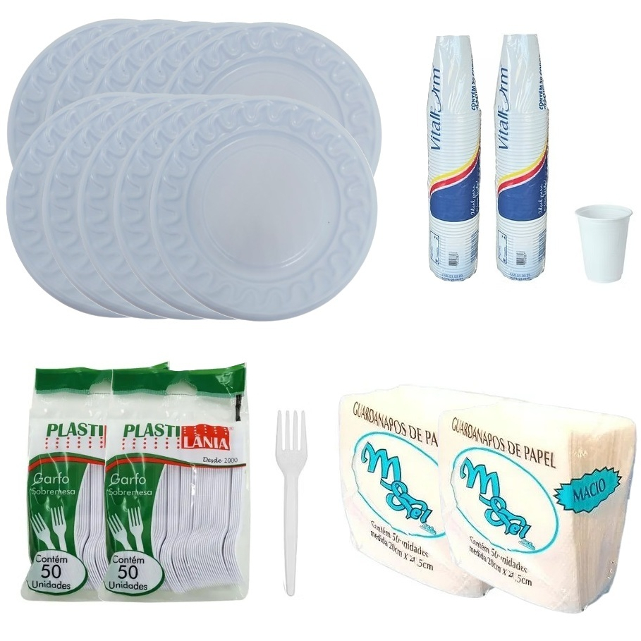 Kit Festa Aniversário Branco 100 Pratos Sob.15cm + 200 Copos 200ml + 100 Garfos Sob. + 200 Guardanapos em Oferta na Shopee