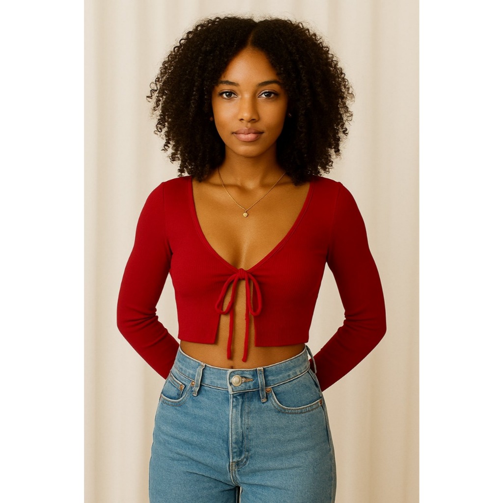 Cropped Ribana Feminino Manga Longa com Detalhe em Amarração - Tendência (AMARRAÇÂO)