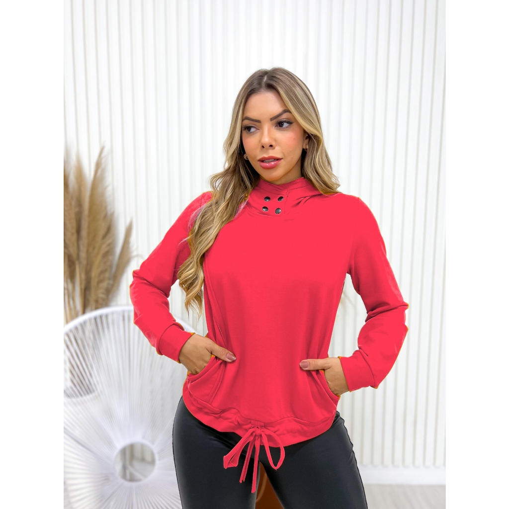 Blusa Moletinho Manga Longa Feminino Com Capuz e Botão Quentinho Treino Moda Outono Inverno cod. 100