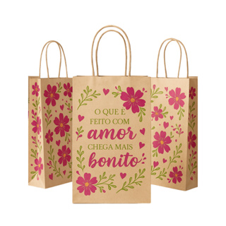 Sacola de Papel Kraft 18x30cm com Alça e Estampa Floral "Feito com Amor" Escolha a Quantidade em Oferta na Shopee
