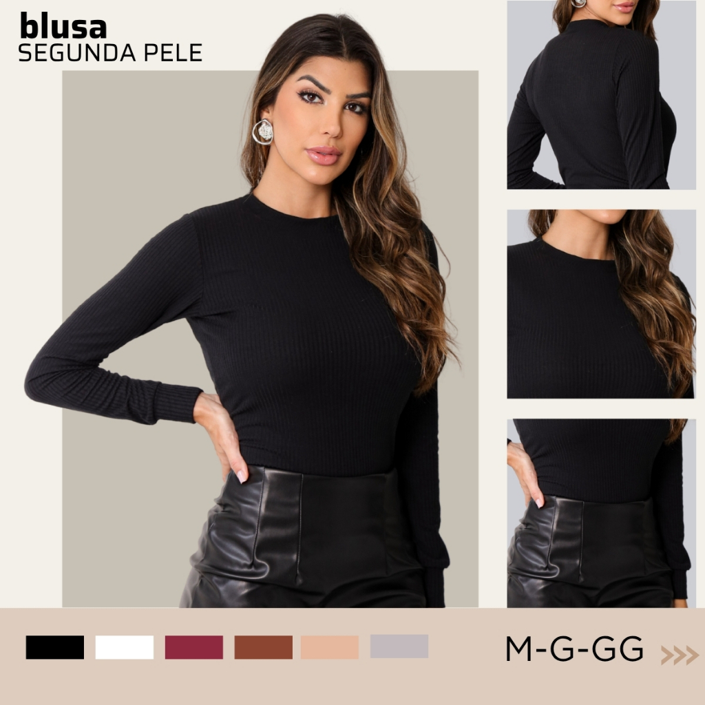 Blusa Manga Longa Feminina Gola Redonda Segunda Pele Tecido Canelado Premium